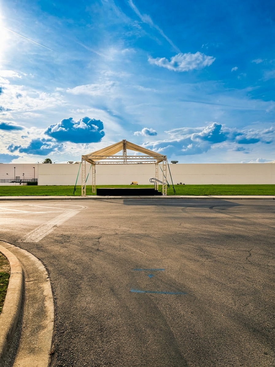 stage installation at a large outdoor event property in Central Florida, showing covered stage structure with surrounding grounds