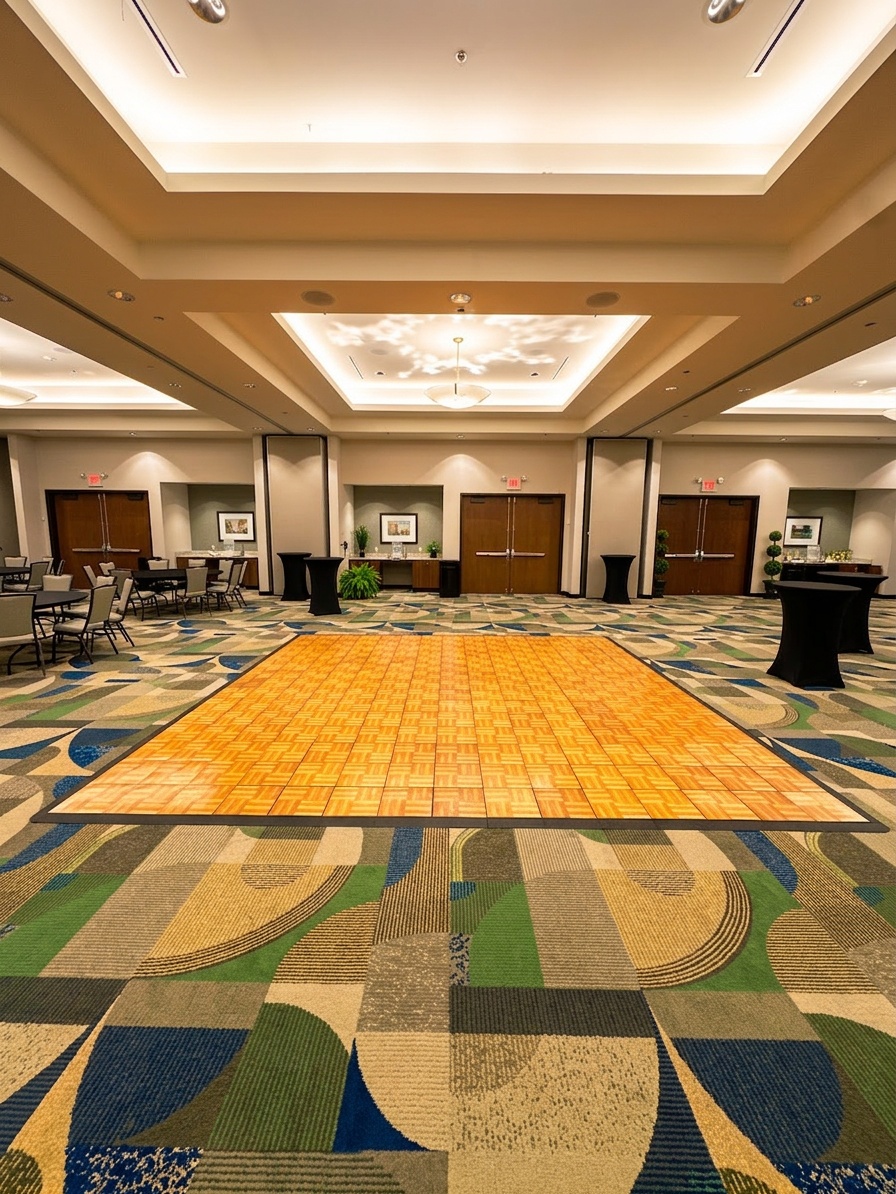 modular stage deck panels being assembled indoors at a hotel venue with corporate event setup in progress
