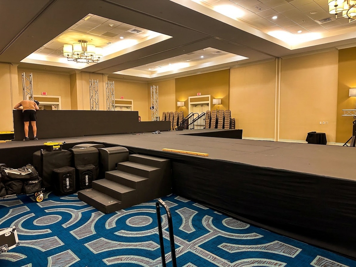 elegant stage setup inside a refined hotel venue in Winter Park, showing skirted stage with clean lines and warm ambient lighting