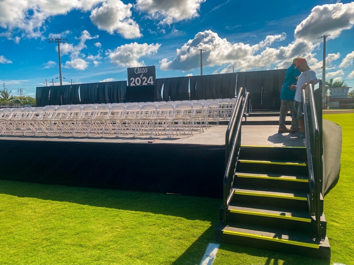 Outdoor graduation ceremony stage setup with elevated platform on a well-maintained grass field under partly cloudy skies, showing open-air exposure without shade structure