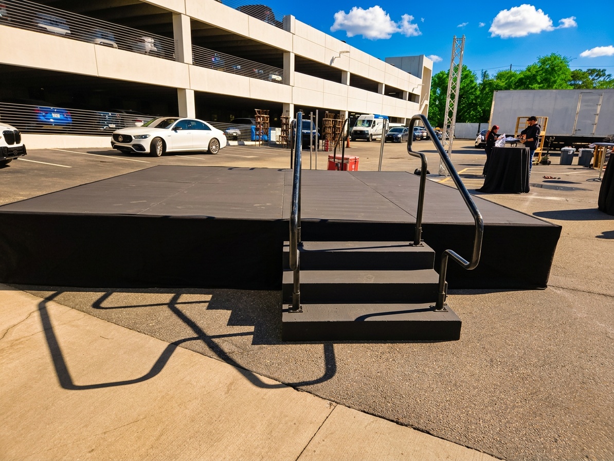 Outdoor stage setup showing crew leveling ground