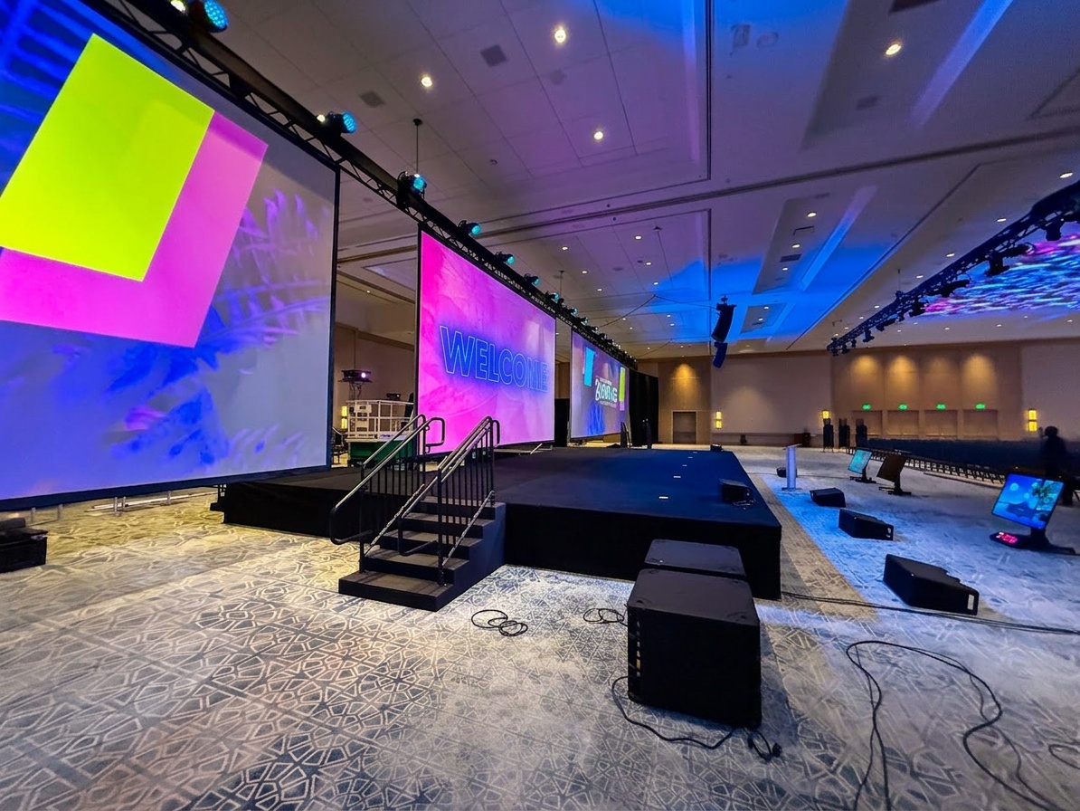corporate product launch stage with pipe and drape backdrop, stage lighting, and podium setup at Orlando hotel venue