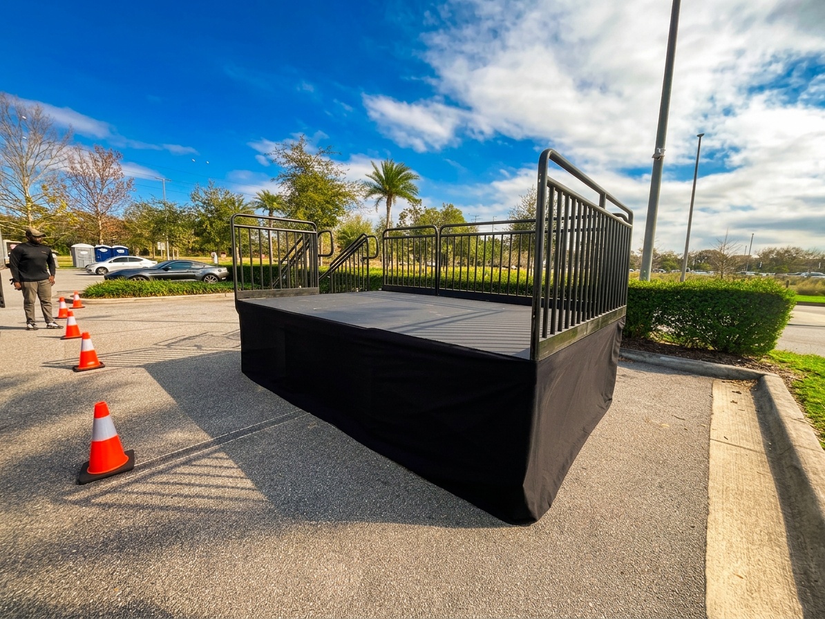 Outdoor stage setup with proper weather protection and safety measures