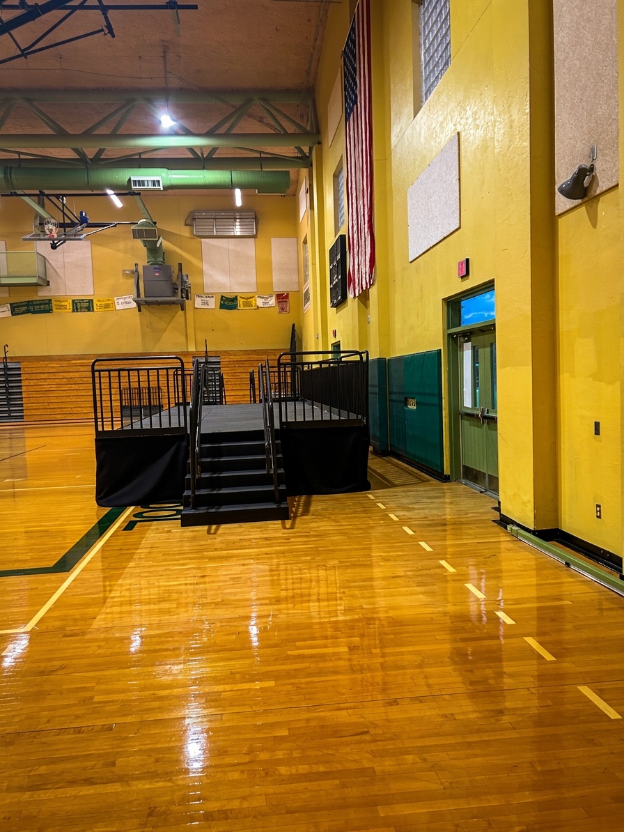 Empty school gymnasium with polished wooden floor featuring a portable black stage with stairs positioned in the center, bleachers along the back wall, set up for an upcoming event or ceremony