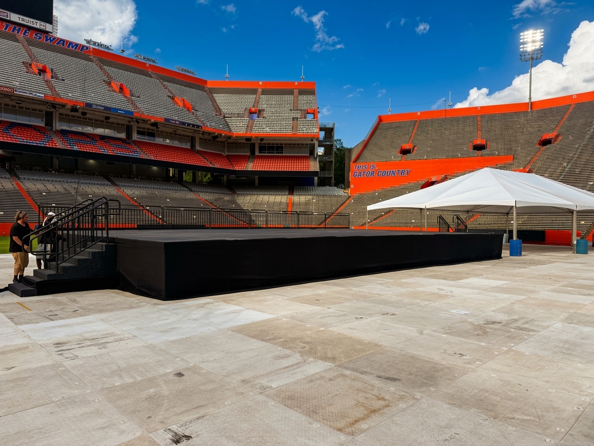 outdoor stage setup under a shade cover structure at a Florida venue, afternoon clouds visible in background