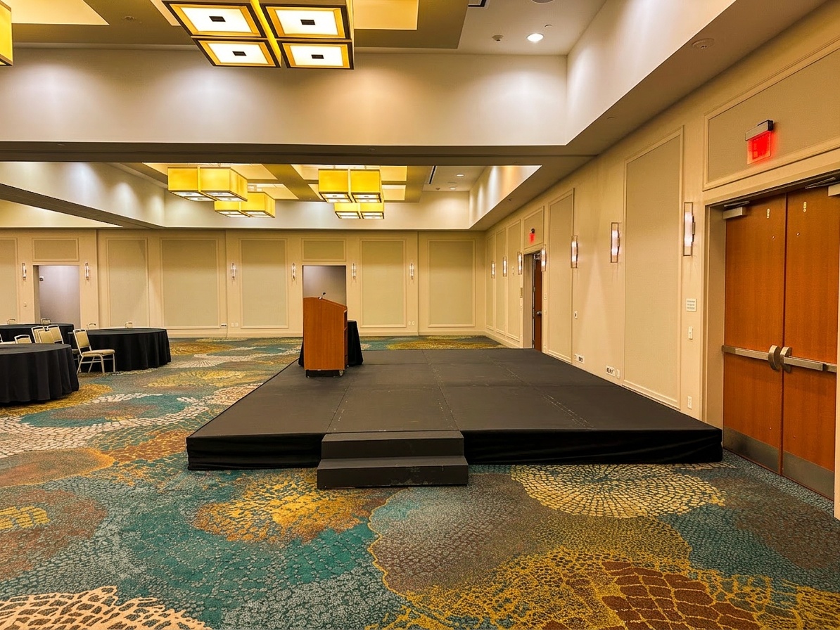 aerial-style view of a compact stage setup inside a hotel ballroom showing stage depth versus room depth proportions