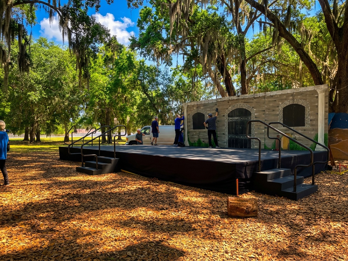Full concert stage build at the Gaylord Palms resort showing stage skirting, guard rails, and stairs in place