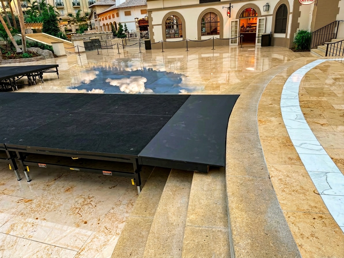 Modular stage decks being assembled, showing how they lock together
