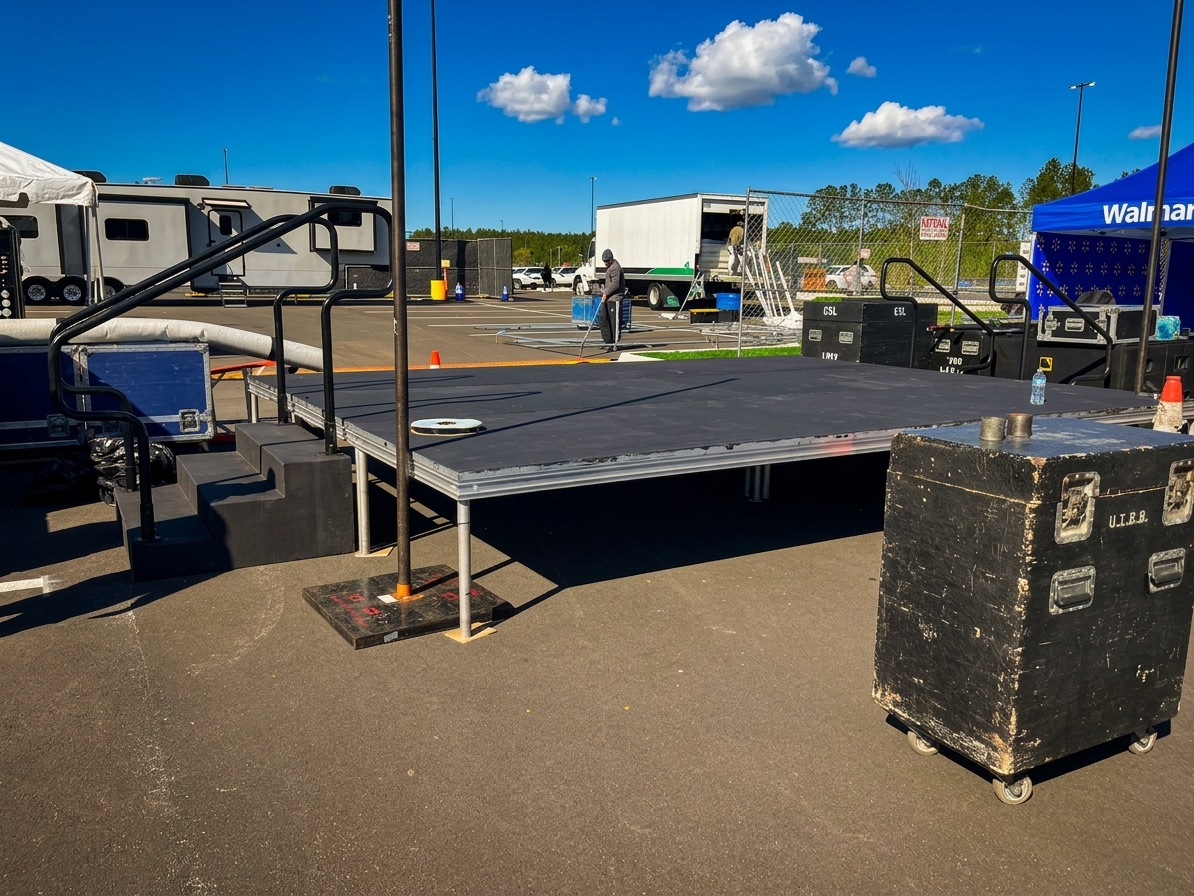 Stage setup showing guard rails, stairs with handrails, and ADA-compliant ramp access at an outdoor Central Florida venue