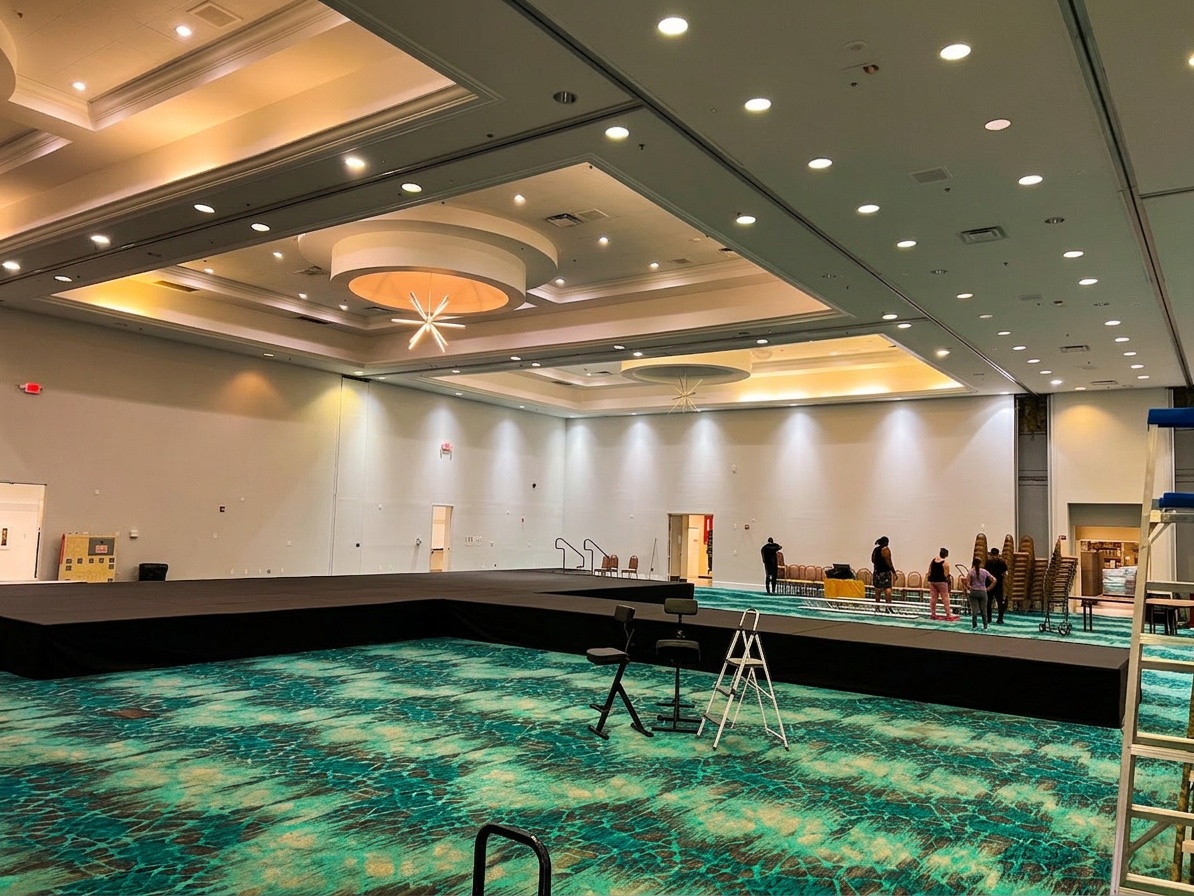 band stage setup inside a large resort ballroom with stage skirting and professional lighting