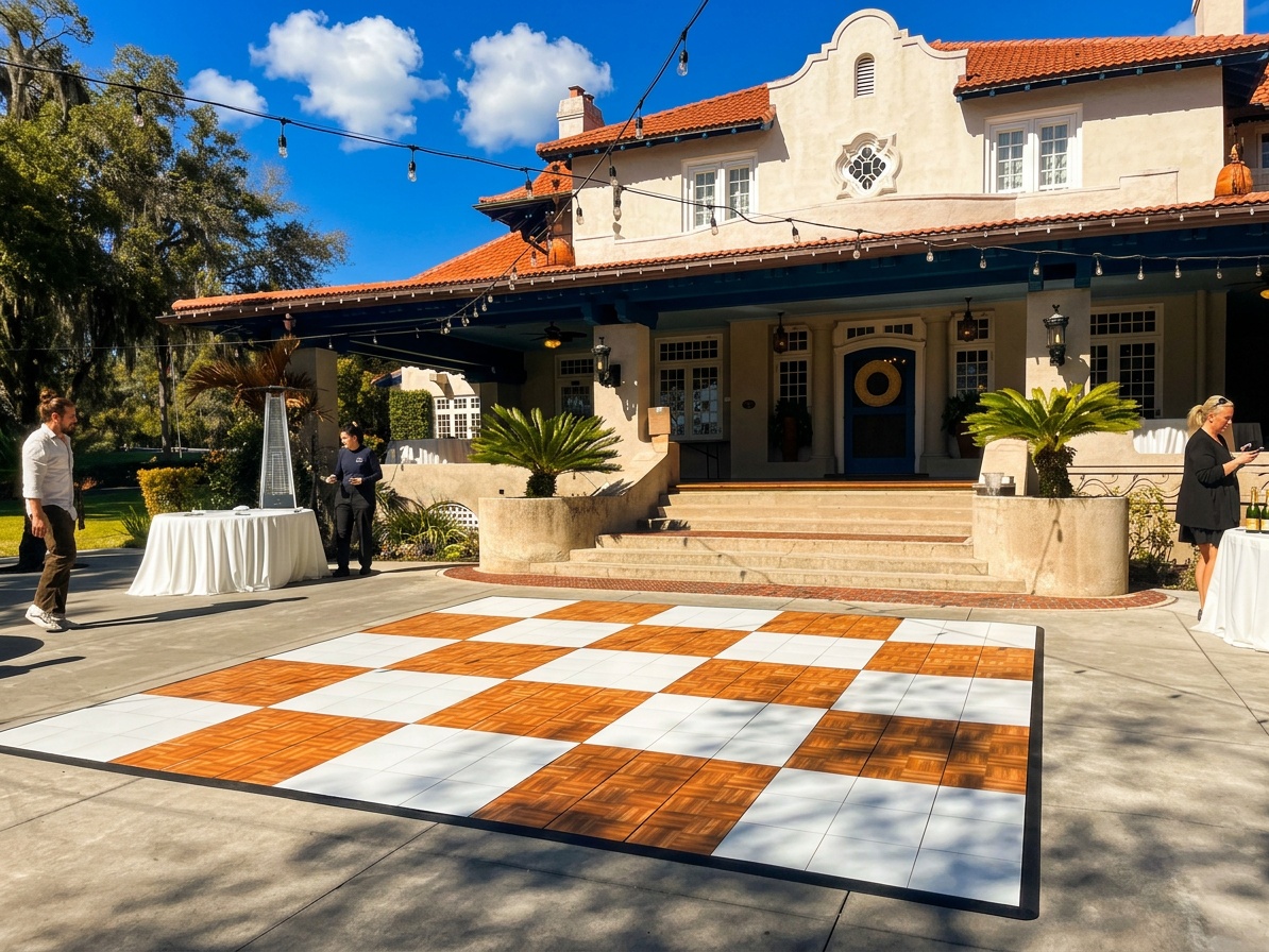 Split image showing different event types - corporate speaking stage vs outdoor concert stage