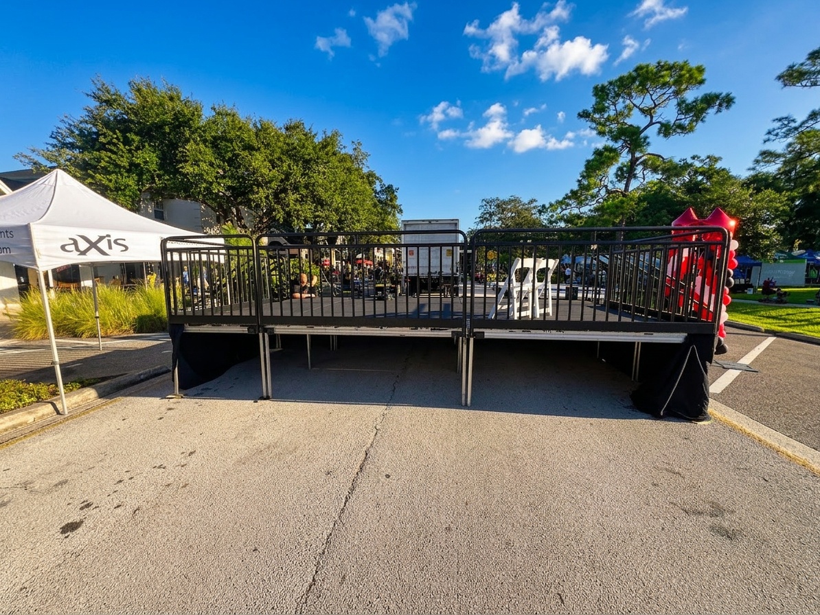 Large black modular stage platform with safety railings set up in an outdoor venue, showing the platform configuration and structural elements