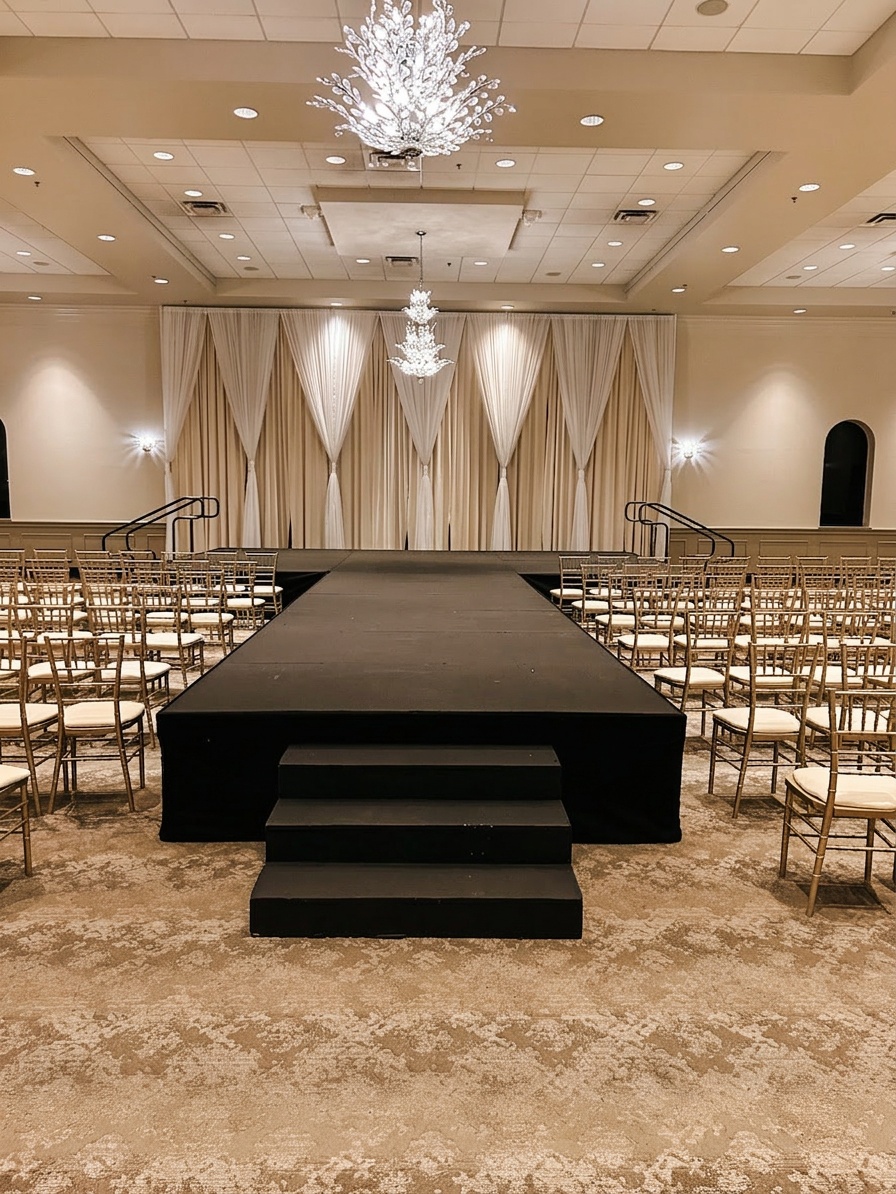 freestanding pipe and drape backdrop behind a stage in a hotel ballroom, formal lighting, black velour