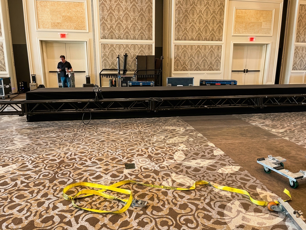 sound technician at mixing board during event soundcheck, stage visible in background with PA system active