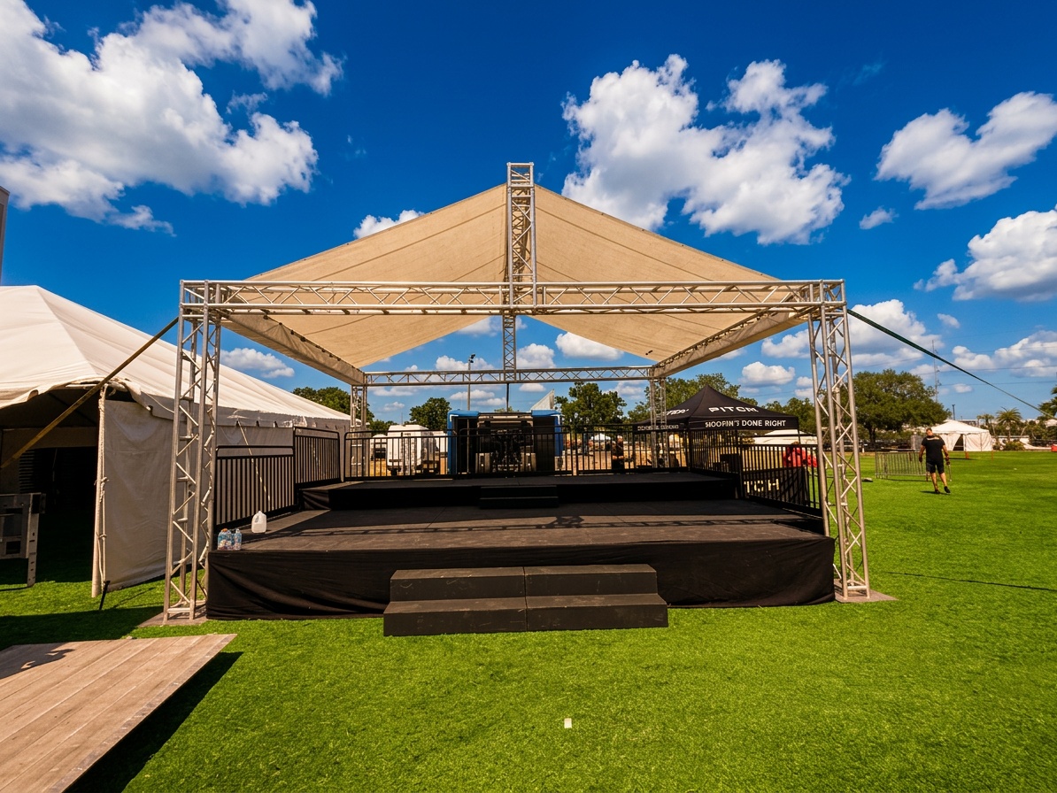 stage crew preparing a covered stage structure at an outdoor Florida event, stage skirting visible and guard rails installed