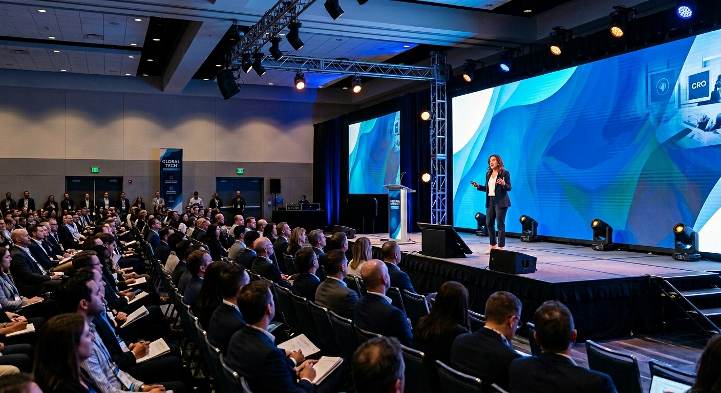 large corporate conference main stage with LED wall displaying company branding and professional lighting
