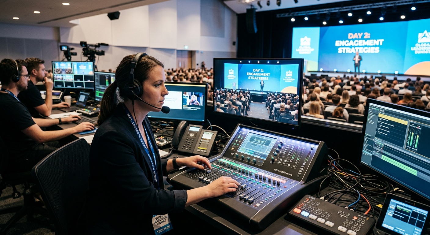 conference technical director coordinating multiple displays and audio systems from control station