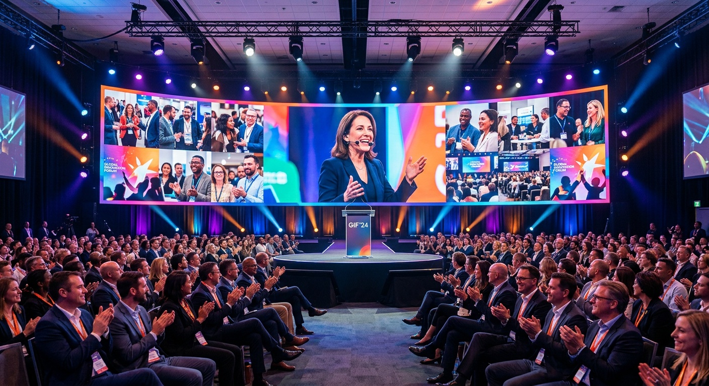 conference closing session with dramatic stage lighting and LED displays showing event highlights