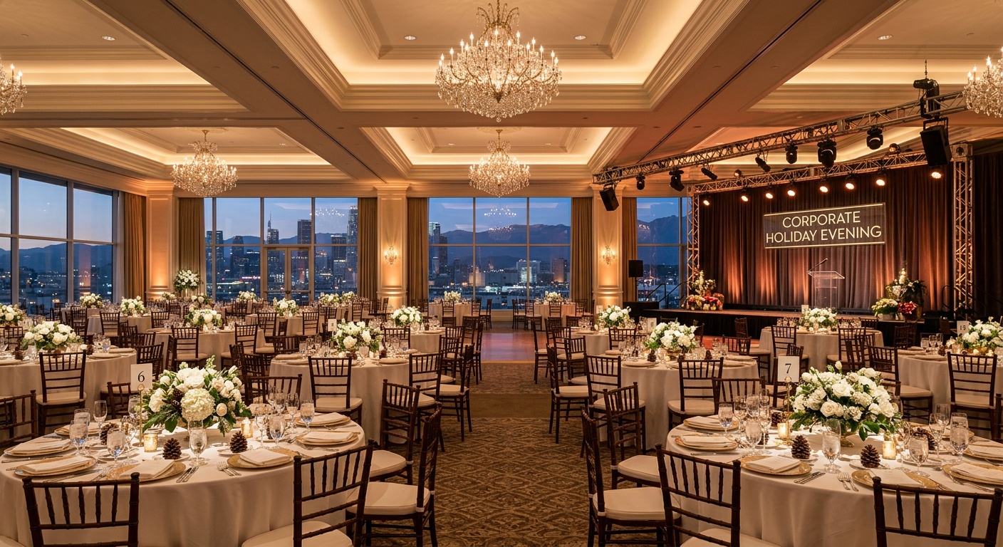 elegant hotel ballroom in Los Angeles set up for corporate holiday party with round tables and stage