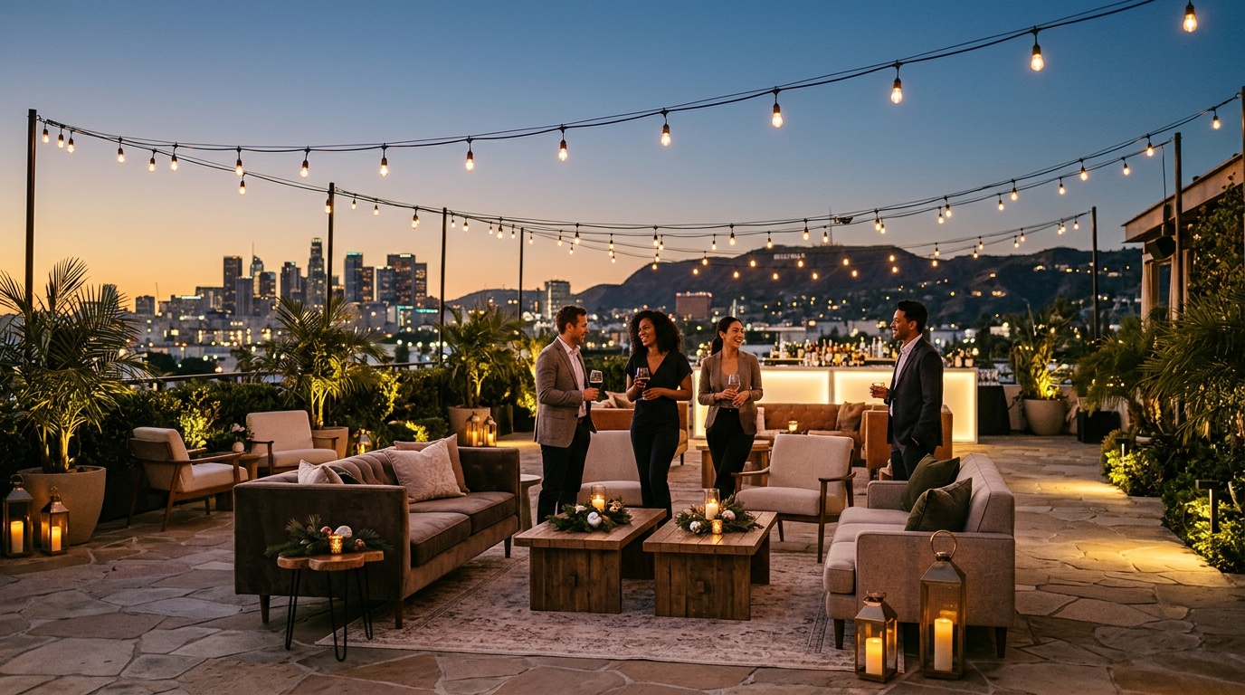 outdoor corporate event space in Los Angeles with string lights and lounge furniture at dusk