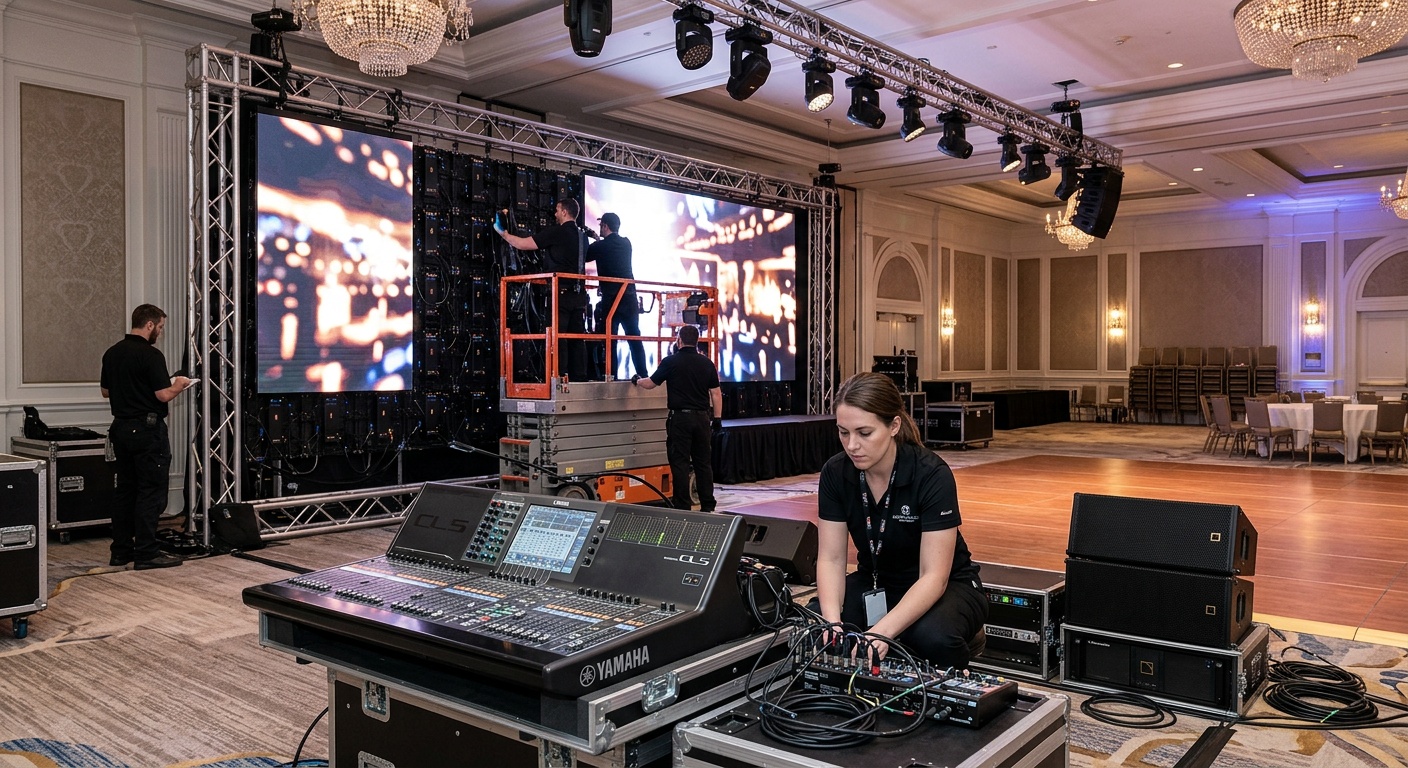 professional event production crew setting up LED wall and audio equipment in hotel ballroom