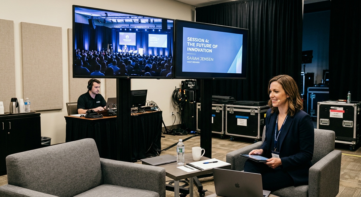 backstage green room area with monitors showing stage view and presentation preview screens