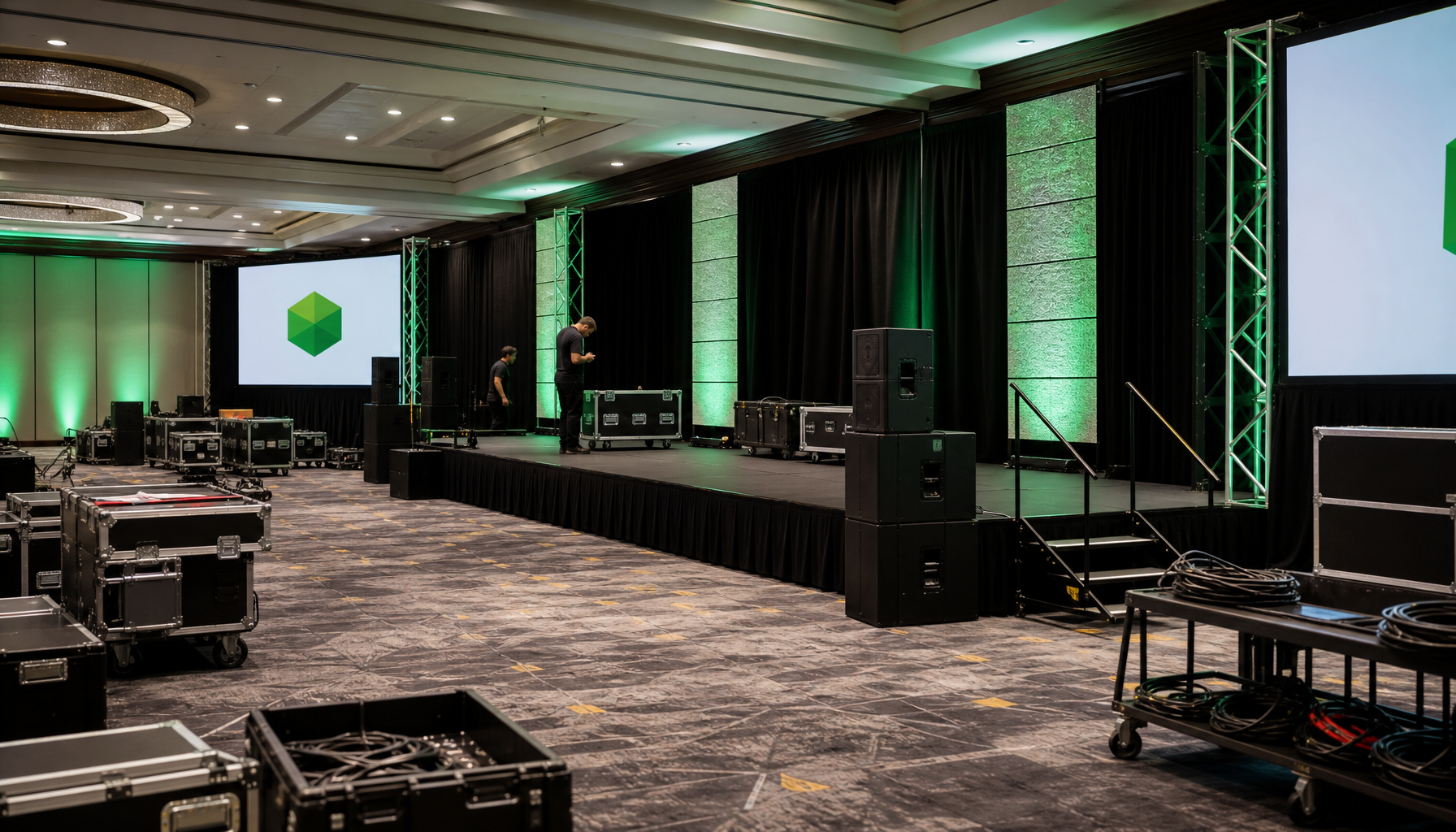 A large conference or ballroom space mid-setup featuring a black stage platform with stairs, professional audio and visual equipment, and green accent walls