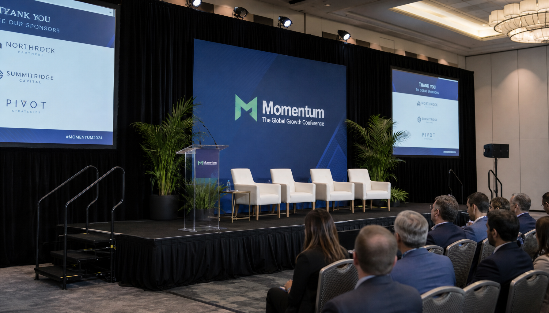 Professional conference stage setup with elevated black platform, stairs with handrails, black curtain backdrop, and branded signage with attendees visible in business attire