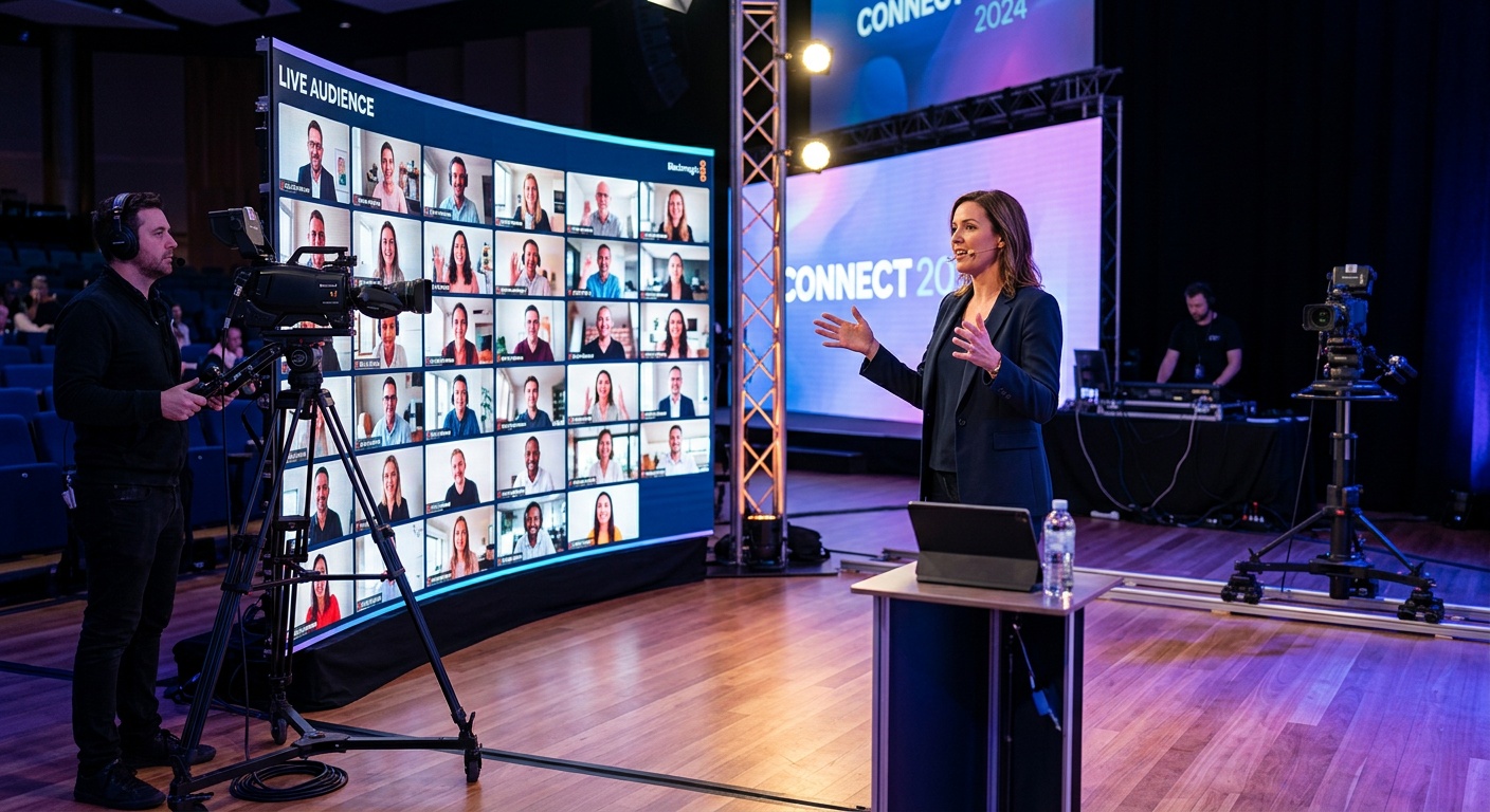 speaker on stage with professional lighting and multiple cameras, while virtual attendees appear on confidence monitor