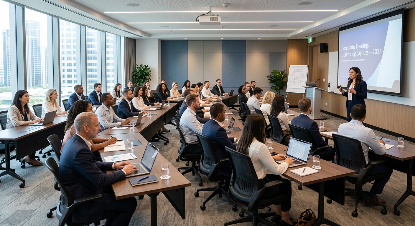 corporate training classroom setup with angled tables and front presentation area