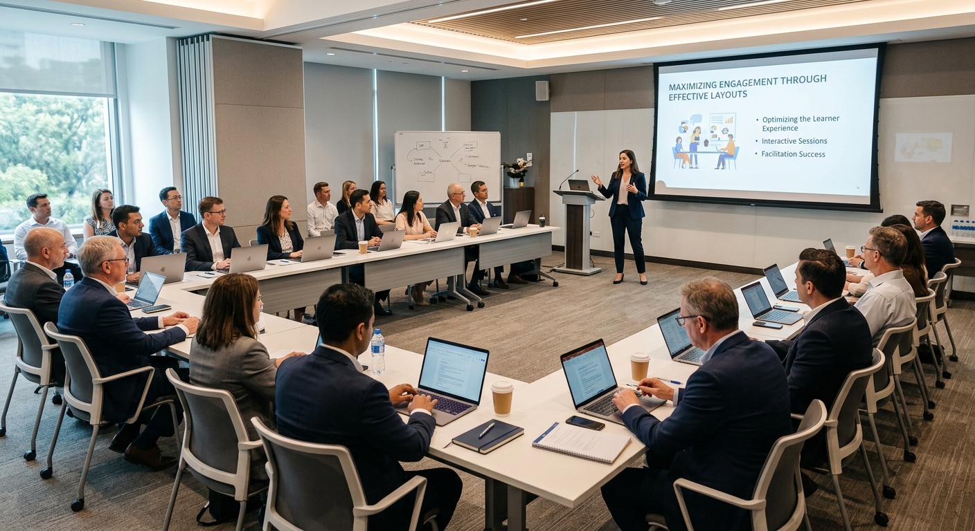 well-lit corporate training room with balanced ambient and presentation lighting