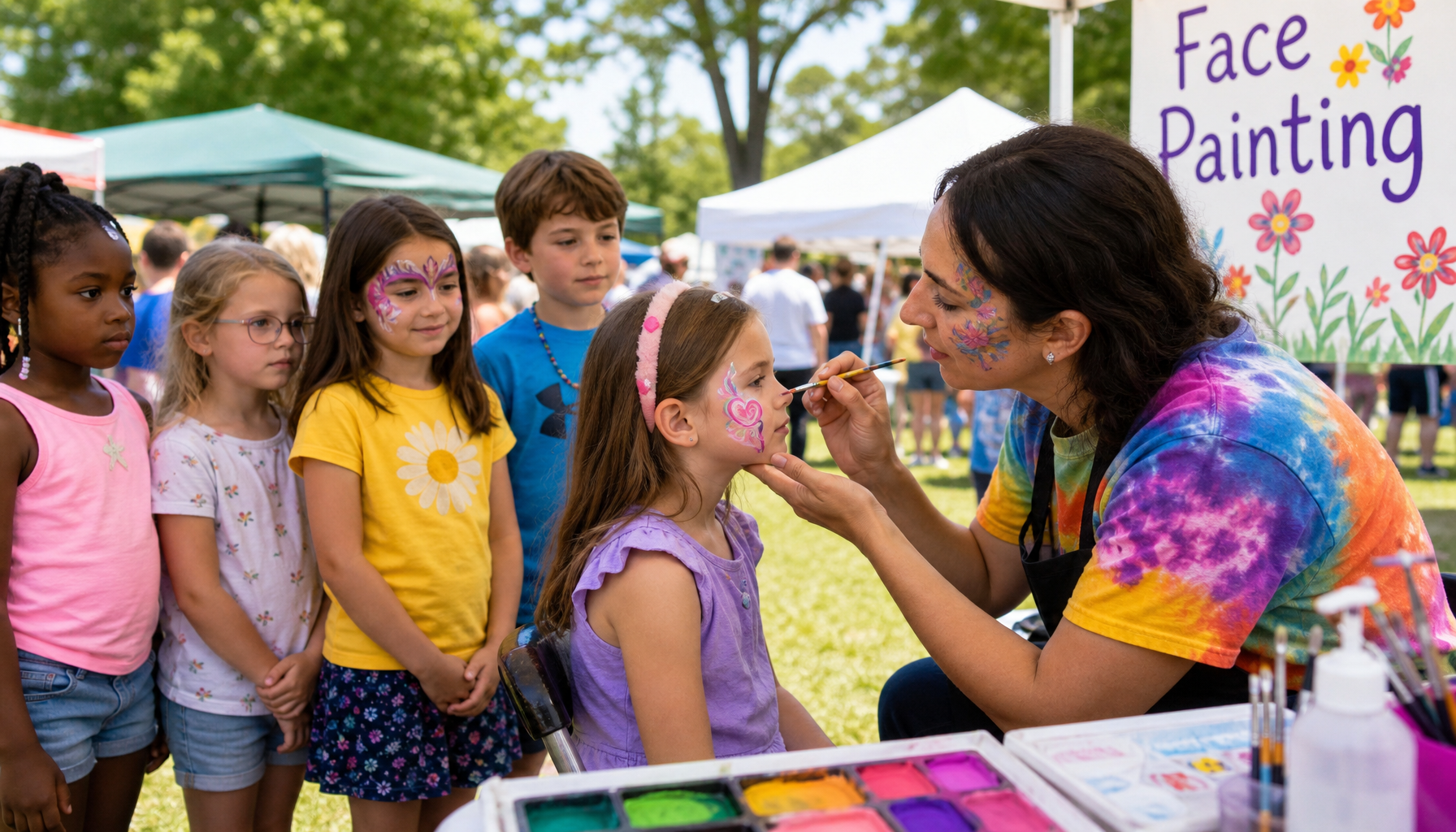 colorful face painting event at a spring outdoor festival, children in line at a face painting booth with tents and greenery visible
