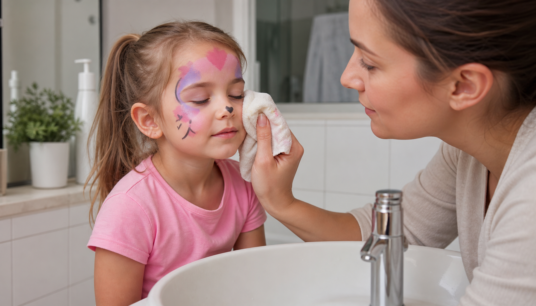 parent gently washing face paint off a young child's face at a bathroom sink, soft lighting showing gentle and careful removal process