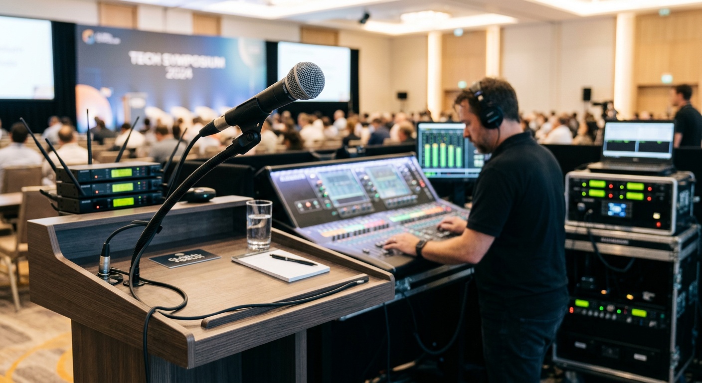 wired XLR microphone on conference podium with professional audio mixer in background