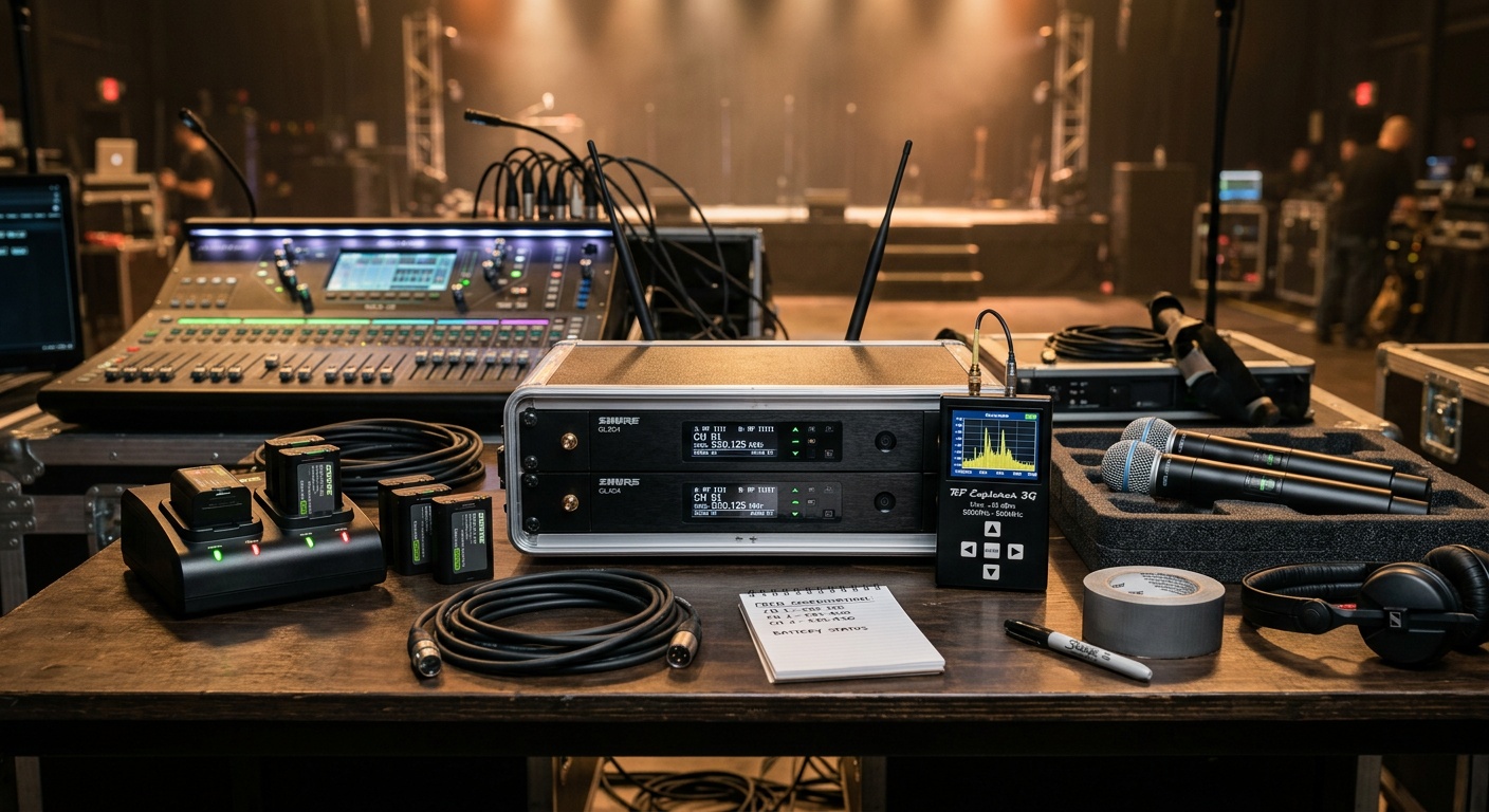 professional wireless microphone system with frequency coordination scanner and backup batteries arranged on audio tech table