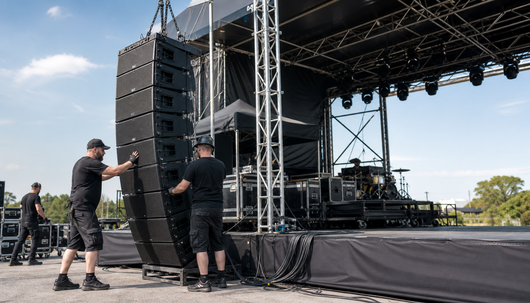 stage crew positioning speaker array beside a large rental stage, cables routed cleanly along the deck edge
