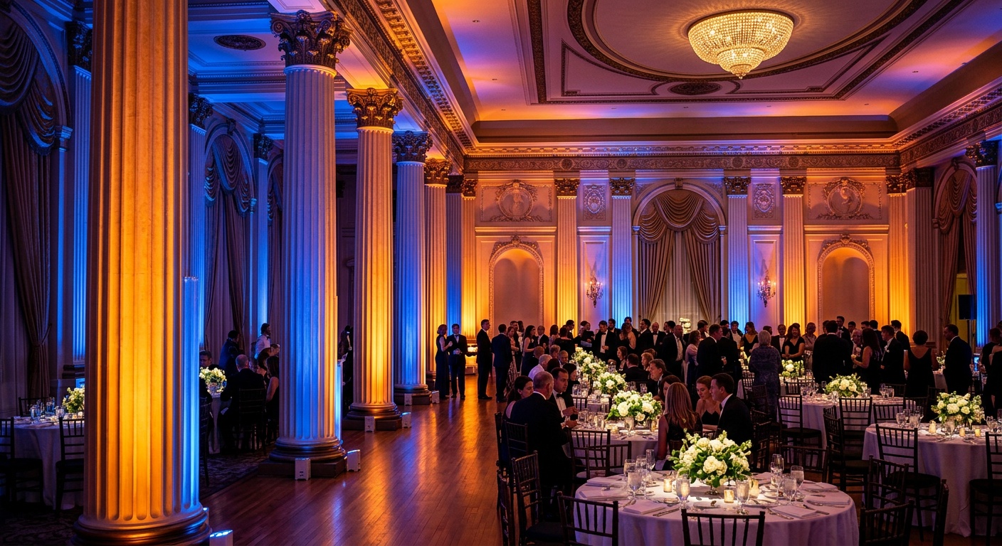 ballroom with amber and blue uplighting washing walls and columns