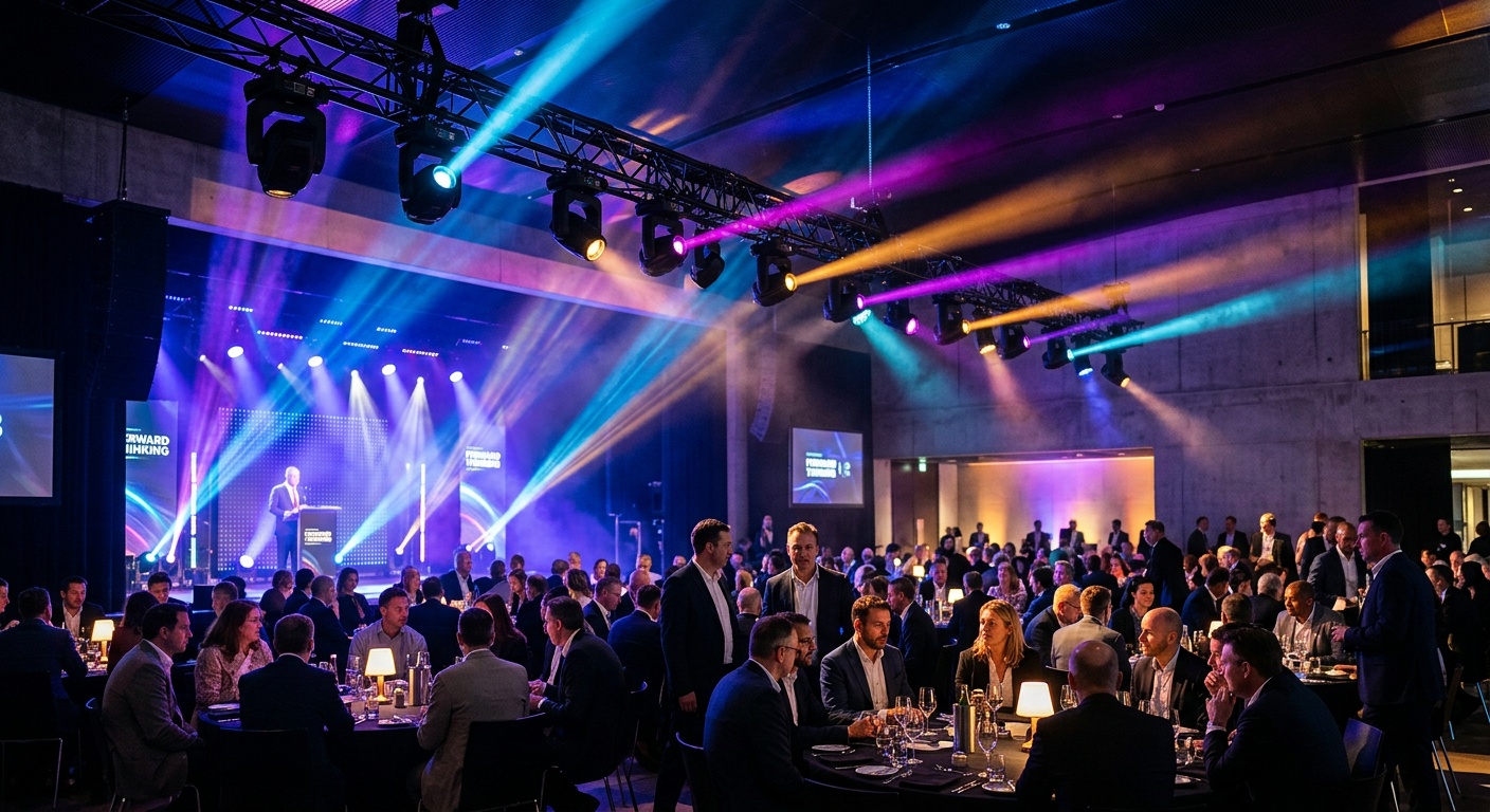intelligent lighting fixtures creating colorful beams at corporate event