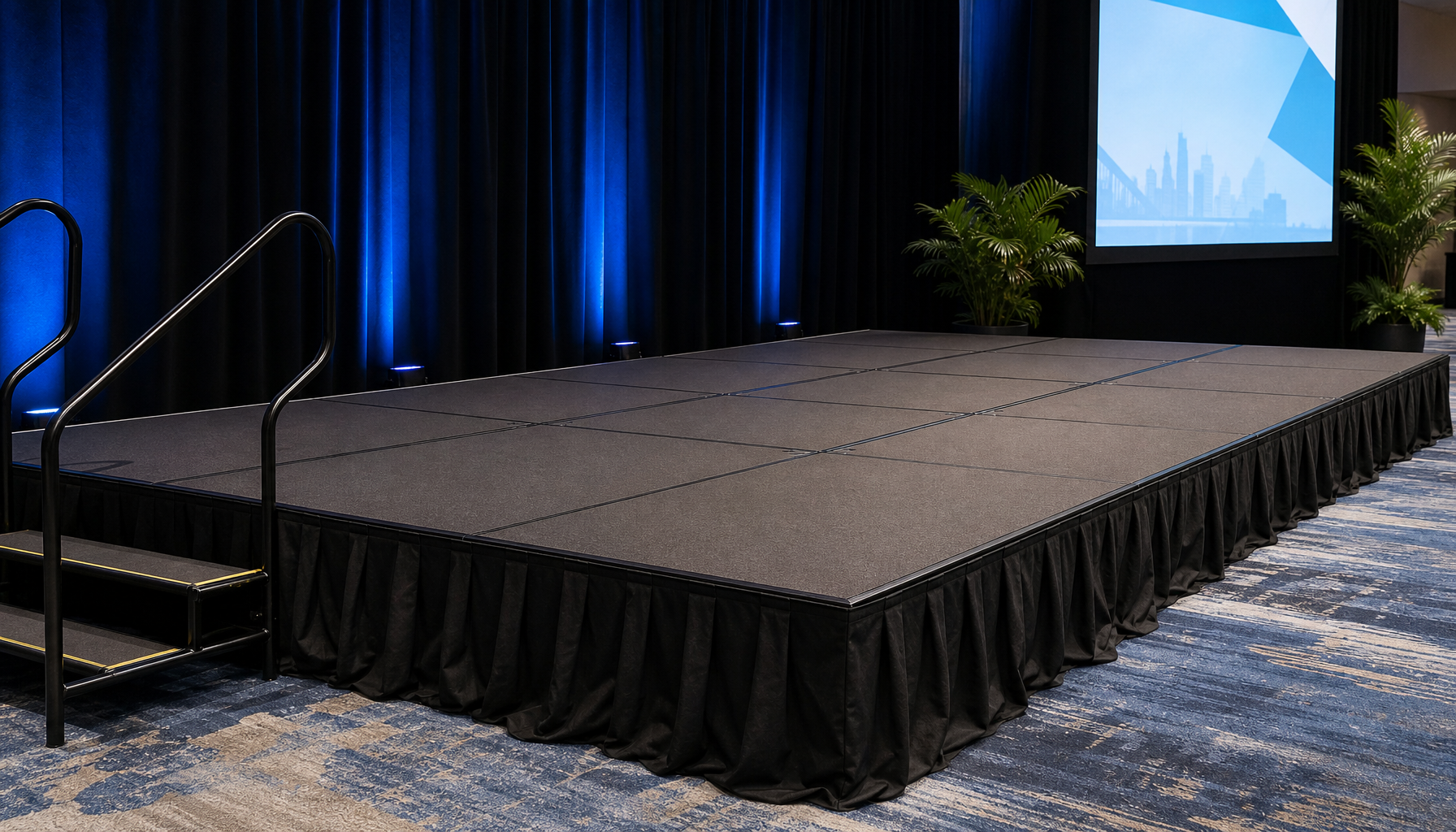 stage crew placing interlocking deck panels on a corporate stage frame inside a conference venue