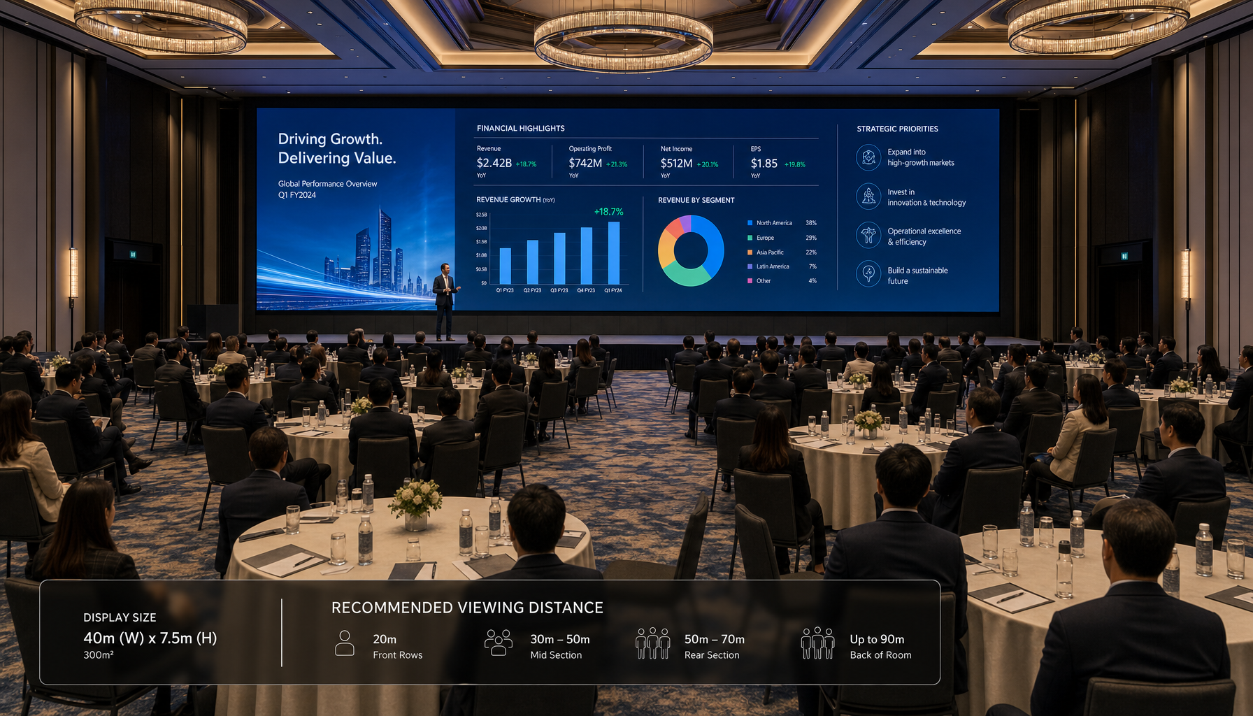 large LED display wall showing corporate presentation in hotel ballroom with audience seated at round tables