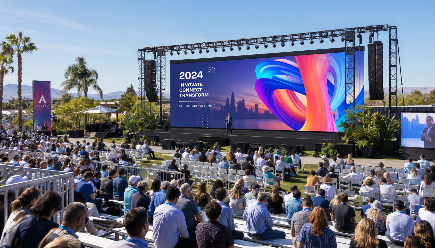 outdoor event LED wall showing bright graphics in daylight with audience viewing from festival-style seating