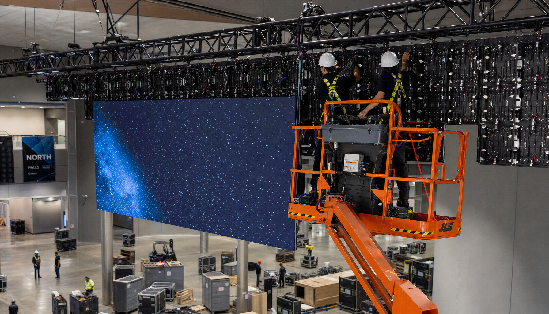 LED wall being rigged from ceiling truss in convention center with crew members on lift